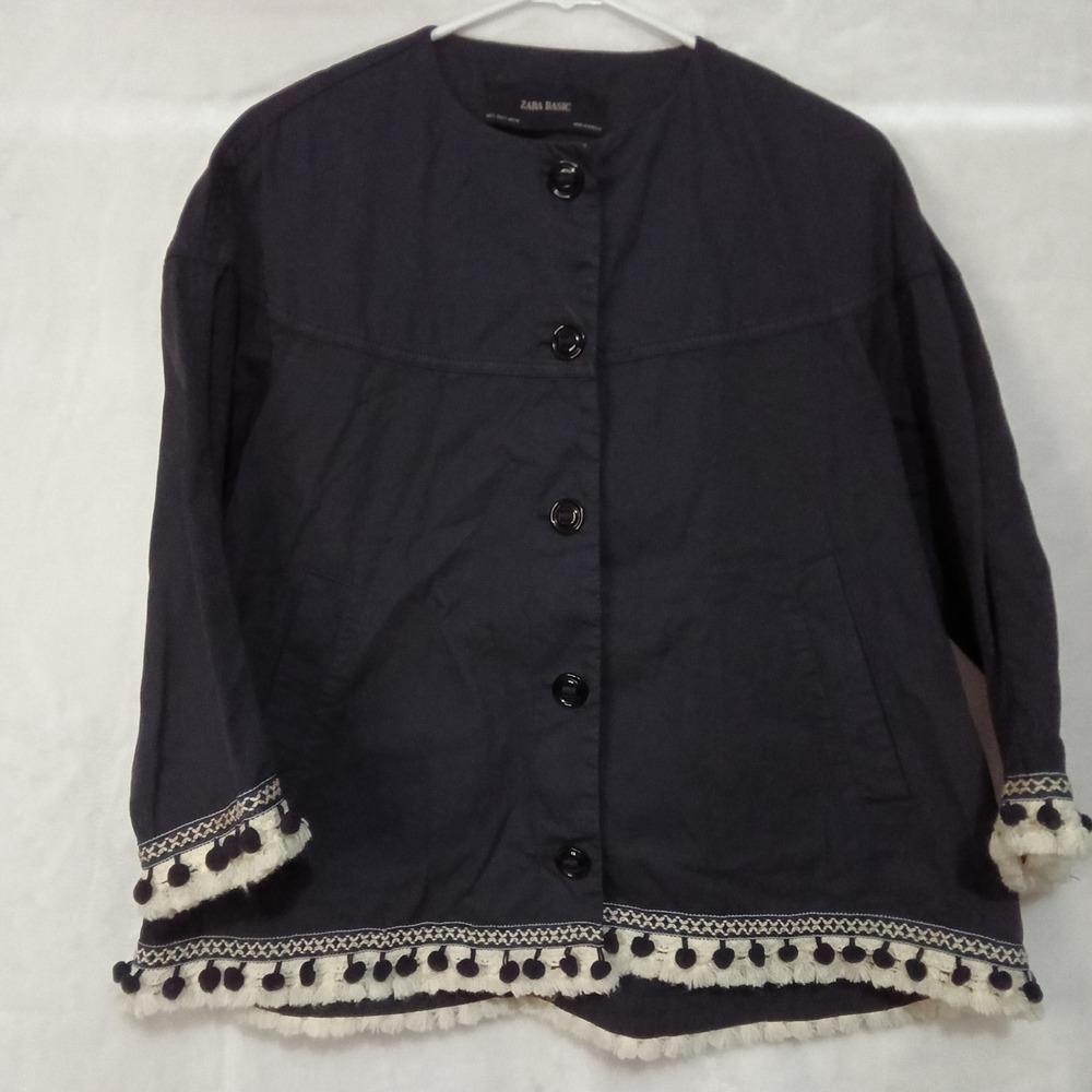 Zara Basic Womens Navy Black Pom Pom Fringe Embroidered Button Front Jacket Sm